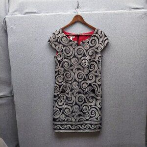 London Times Black & White Swirl Print Dress Size 8 Cap Sleeve Polyester/Spandex